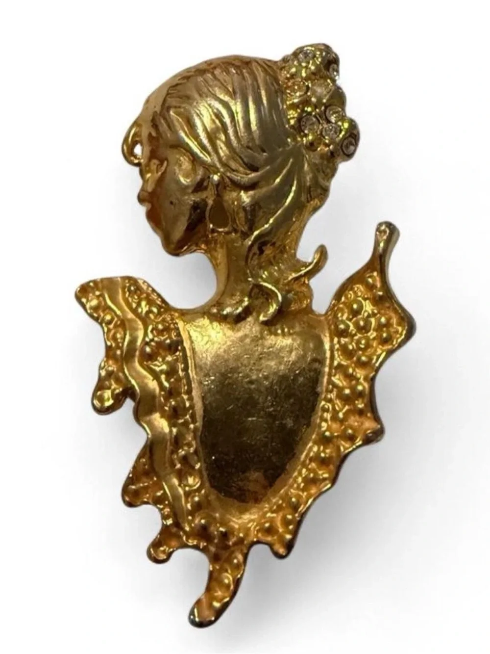 Vtg Gold Tone Victorian Lady Profile Brooch Rhinestone Costume Cameo Pin 80s